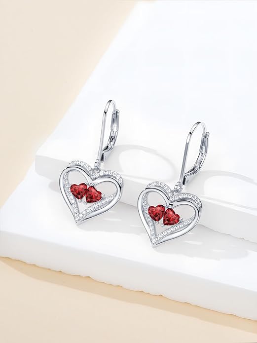 Heart Leverback Earrings Double Birthstone Dangle Earrings for Women, Love Jewelry for Her, Christmas Gifts for Women, Anniversary Birthday Gift for Mom Wife Girlfriend
