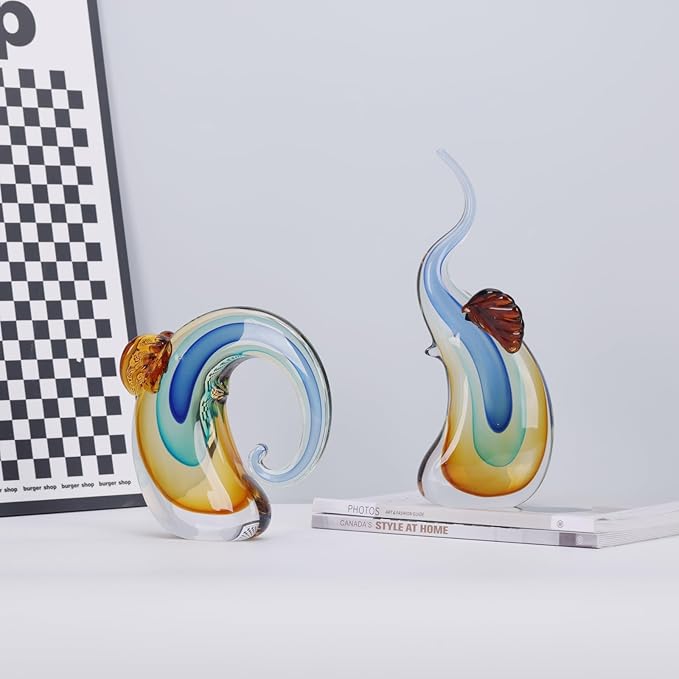 suruim Hand Blown Murano Glass Elephant Statues Set - Luxury Sculptures Home Decor for Living Room & Office Art Glass Ornament Animal Collectible (Blue)