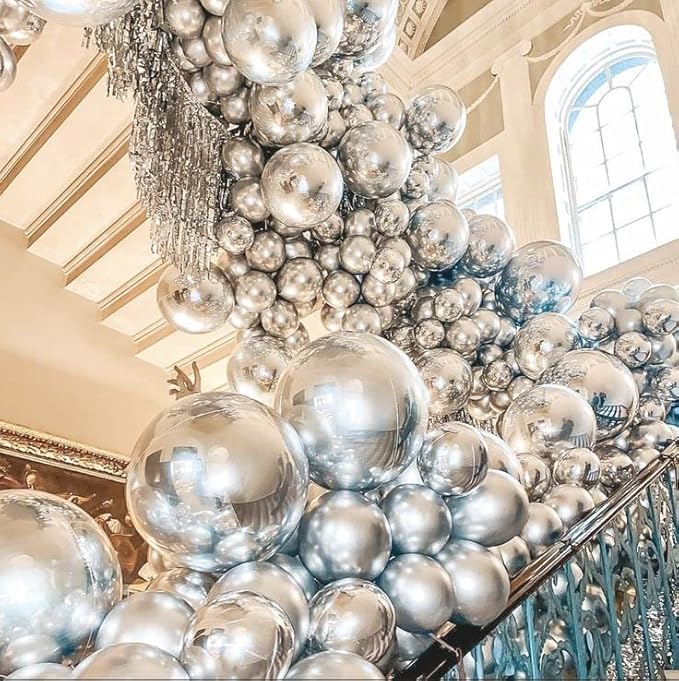 Bezente Metallic Silver Giant Balloons 36 Inch - 8 Pack Jumbo Chrome Silver Balloons Large Round Silver Latex Balloons for Photo Shoot Wedding Bridal Shower Birthday Party Decorations