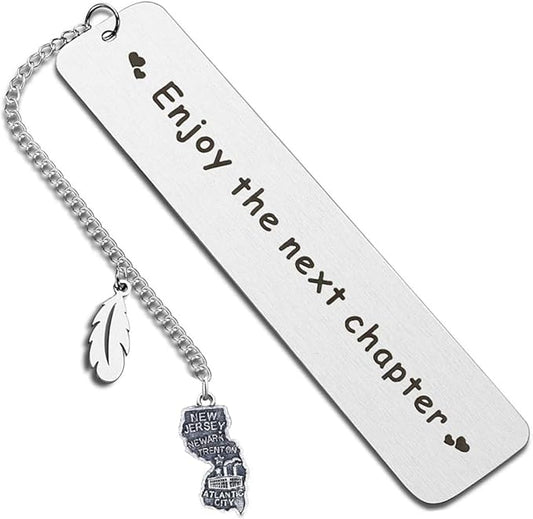 BRBAM Enjoy The Next Chapter Bookmark Personalized US State Map and Feather Pendant Bookmark Sweet Graduation Gift Retirement Gift (New Jersey)