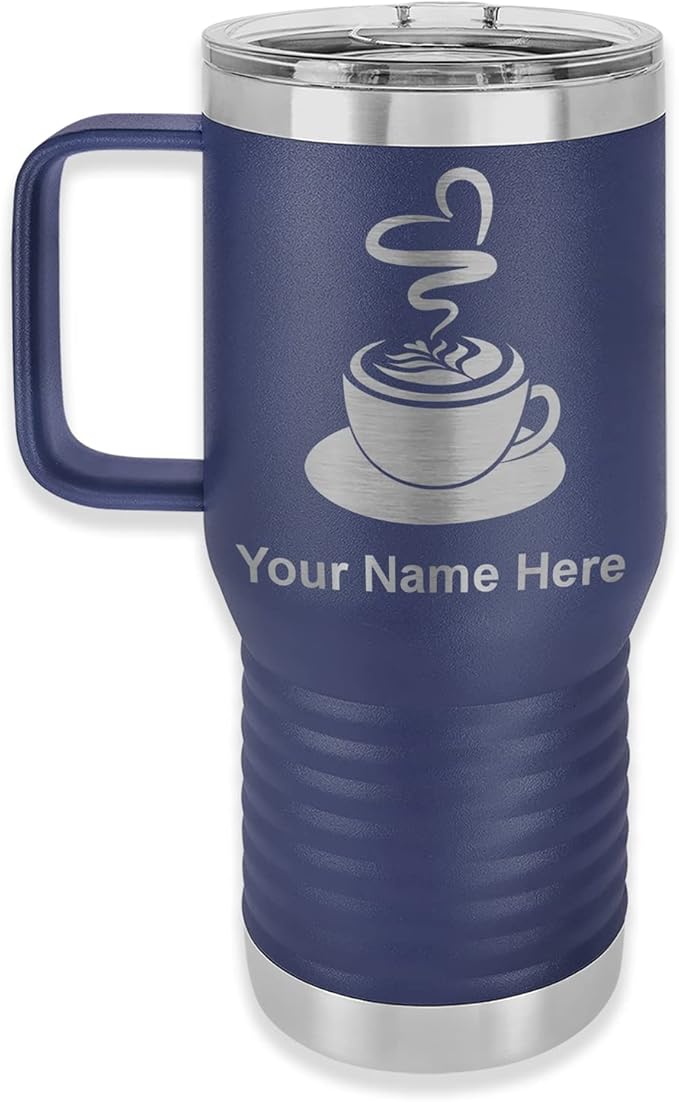 LaserGram 20oz Vacuum Insulated Travel Mug with Handle, Cup of Coffee, Personalized Engraving Included (Navy Blue)