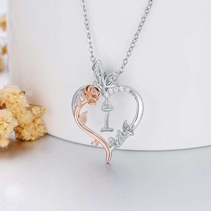 TOUPOP Rose Heart Necklaces Gifts for Women 925 Sterling Silver Butterfly Heart Initial Necklace Anniversary Valentines Day Birthday Jewelry Gifts for Mom Her Wife Girlfriend Daughter