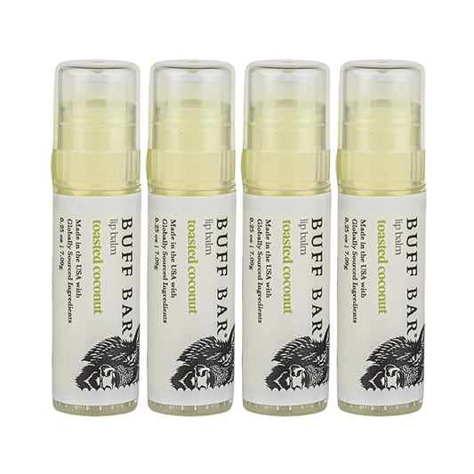 BUFF BAR Pure Bison Tallow Lip Balm, Toasted Coconut, (4 pack) - Sweet Coconut, Moisturizing, Non-Habit Forming