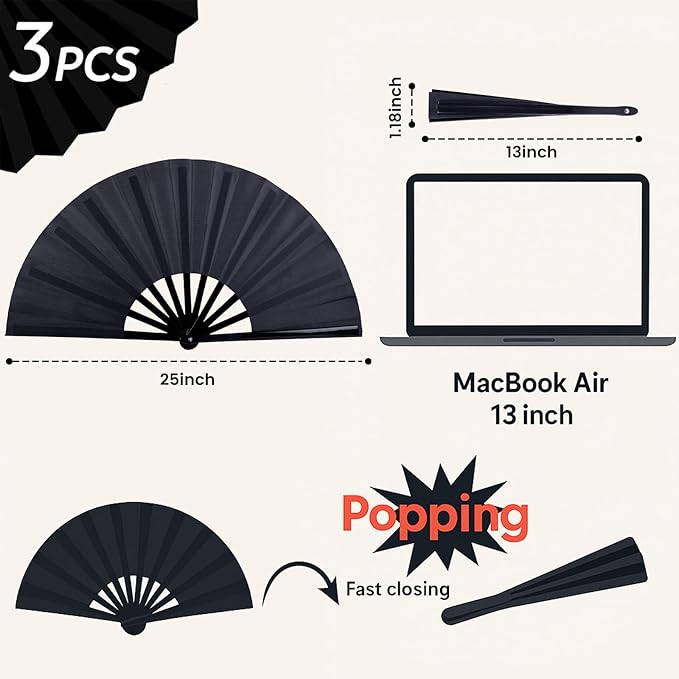 JOHOUSE 3 Packs Hand Fan Foldable, 13 Inch Black Rave Fan for Line Dancing Fabric Foldable for Clack Chinese Tai Chi Festival Craft Dance Party Decoration