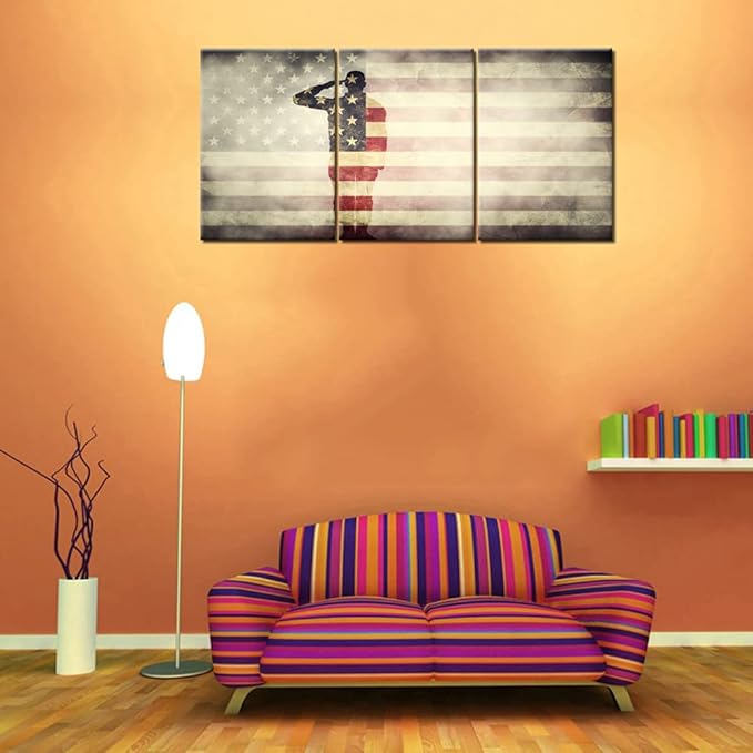 Native American Art Wall Decor USA Flag Paintings 3 Panel Wall Art Stars Stripes Artwork for Living Room Patriotic Pictures on Canvas House Decoration Framed Gallery-Wrapped Ready to Hang(42''Wx20''H)