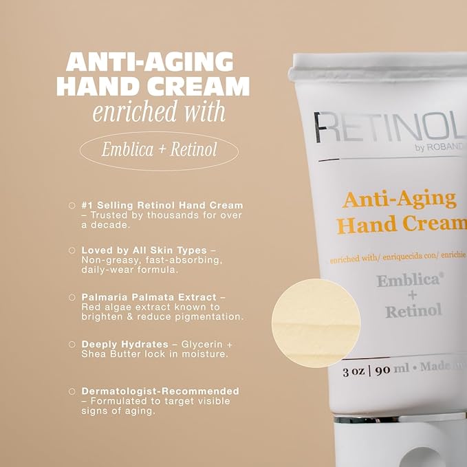 Robanda Retinol Anti-Aging Hand Cream - Hydrating & Moisturizing Hand Lotion with Anti-Aging Formula to Help Prevent Wrinkles & Reduce Fine Lines, 3 oz, Lightly Scented