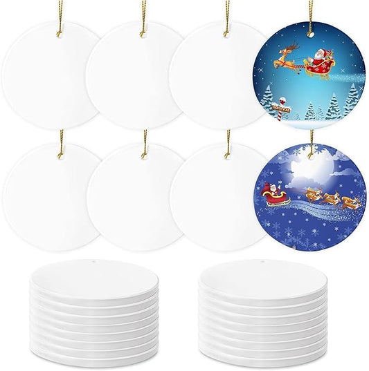 Sublimation Ceramic Ornaments - Bulk White Round Porcelain Ornament Blanks for Heat Press Printing - Personalized Xmas Tree Keepsake Crafts Gift Christmas Decorations