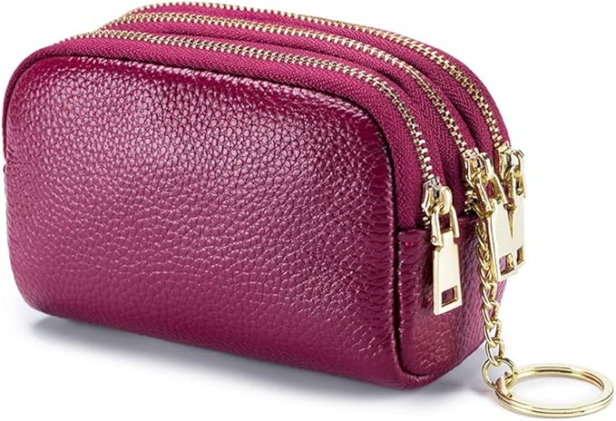 LINNO 3 Zippered Genuine Leather Coin Purse Triple Capacity Change Pouch Little Travel Wallet With Key Ring for Women
