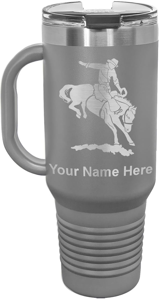 40oz Vacuum Insulated Travel Mug with Handle, Bronco Rider, Personalized Engraving Included (Gray)