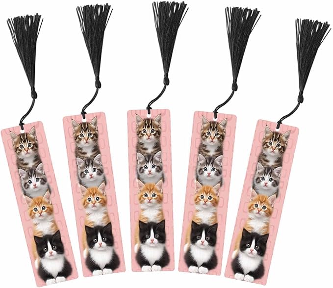Cute Cat Bookmarks Set 5 with Tassels Pet Animal Pink Wooden Bookmarks for Reading Women Men Students Teachers School Supplies