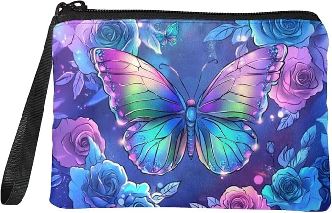 Dolyues Fashion Change Purses Pouch Bag Small Clutch Bags for Women, Coins/Cards Storage/Purple Butterfly and Rose Print Wallet Coin Purse with Wristlet