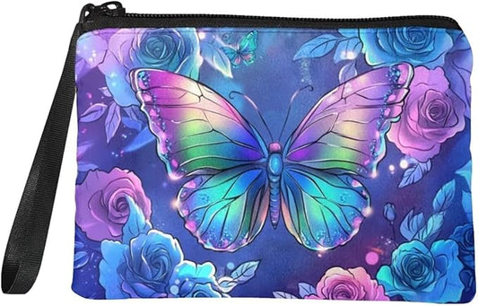 Dolyues Fashion Change Purses Pouch Bag Small Clutch Bags for Women, Coins/Cards Storage/Purple Butterfly and Rose Print Wallet Coin Purse with Wristlet