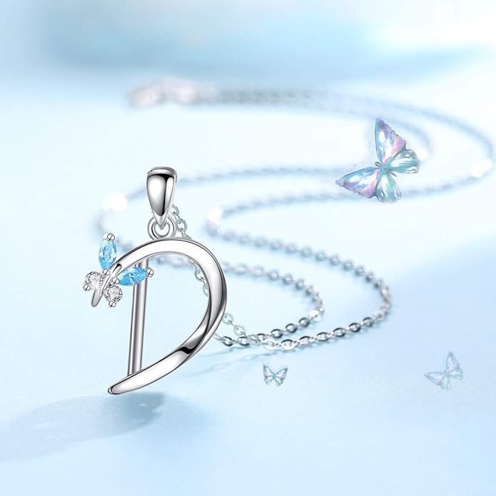 EUDORA Sterling Silver Butterfly Initial Necklaces for Women, Elegant Letter Neckles Personalized Gift for Mother, Sister, Daughter, 18 inch Chai