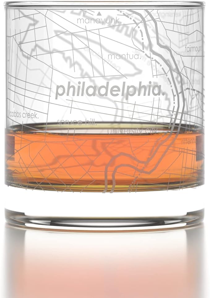 Well Told Engraved Philadelphia Pennsylvania Map Rocks Glass, Old Fashioned Whiskey Glass (11 oz, Clear) Etched Whiskey Glass, Gifts For Whiskey Lovers