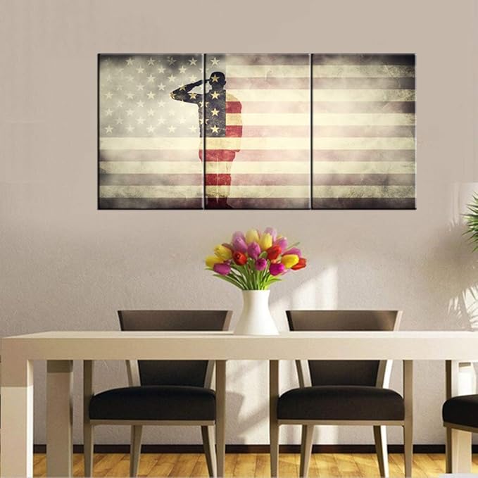Native American Flag Paintings Patriotism Pictures Soldier Wall Art Stars Stripes Artwork for Living Room 3 panel Printed on Canvas Modern Home Decor Giclee Framed Stretched Ready to Hang(48''Wx24''H)