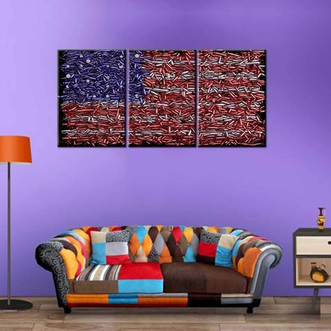 Military Bullet Pictures for Living Room Native American Flag Painting Patriotism Wall Art Abstract Red Artwork Prints on Canvas Modern House Decor Wooden Stretched Framed Ready to Hang(42''Wx20''H)