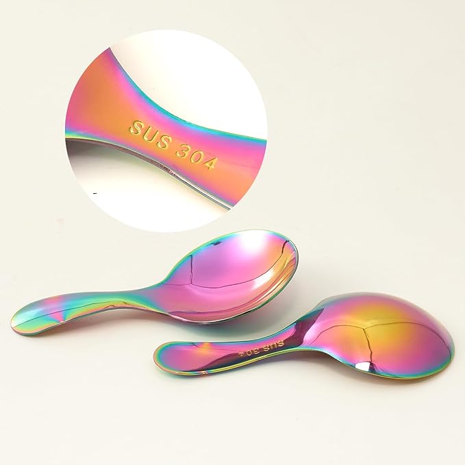 Colored Stainless Steel Short Handle Spoons 3 Pack Iridescent Round Dessert Spoons 304 Steel Mini Spoon Set for Coffee Ice Cream Tea Seasoning Rainbow （3.58 x 1.77Inch）
