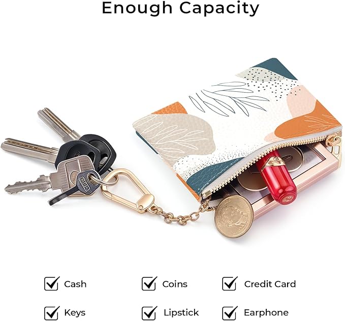 Boho Leaves Abstract Keychain Coin Purse for Women, Small PU Leather Change Pouch, Zipper Little Tiny Travel Wallet for Girls, Cute Kawaii Zip Pocket Coin Holder with Key Ring