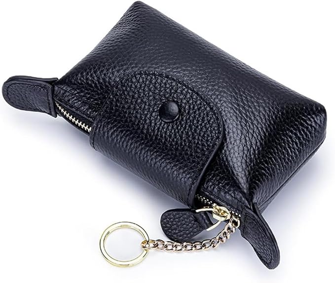 Genuine Leather Wallet Zipper Coin Purse Key Ring Card Organizer Compact Storage for Women (Black)