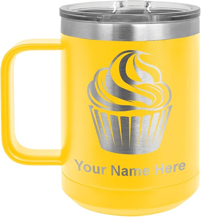 LaserGram 15oz Vacuum Insulated Coffee Mug, Cup Cake, Personalized Engraving Included (Yellow)