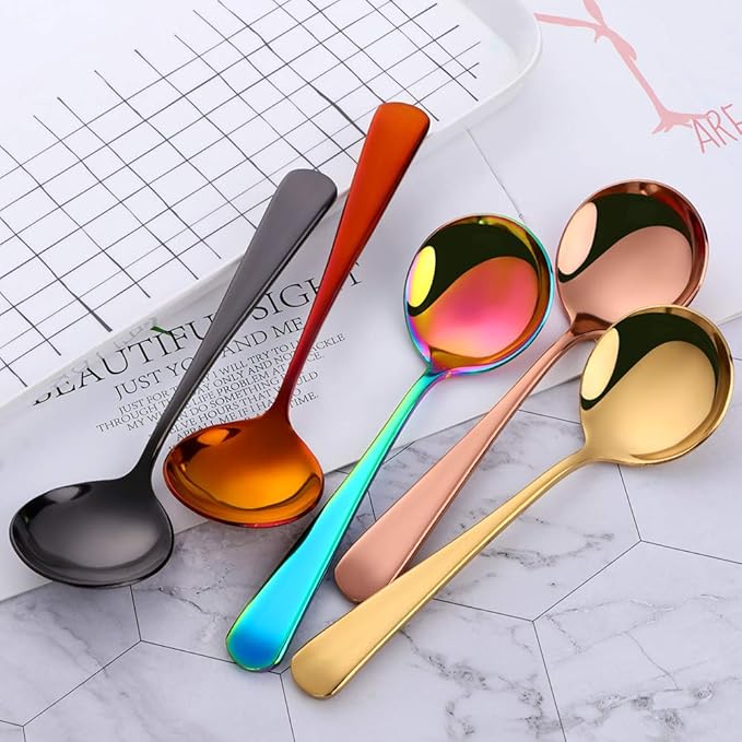 Buyer Star 8 Pieces Stainless Steel Round Soup Spoon, 6.3 Inch Mirror Polished Spoon Cutlery, Dishwasher Safe (Mixed color)