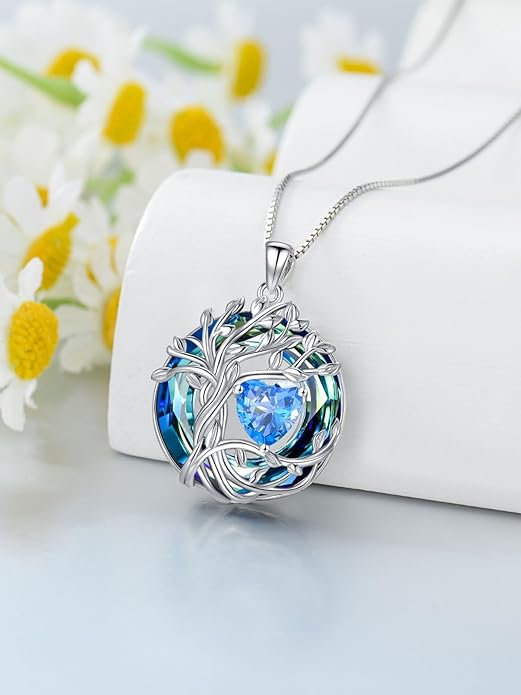 TOUPOP Tree of Life Birthstone Necklace 925 Sterling Silver Pendant Austrian Crystal Jewelry Anniversary Valentine's Day Birthday Gifts for Women Mom Her Wife