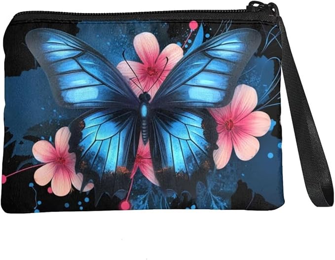 Dolyues Womens Coin Purse Black Change Pouch, Clutch Bags Card Cash Wallet, Zipper Around Coins/Phone Organizer Bag Storage Wallets Blue Butterfly and Pink Flower