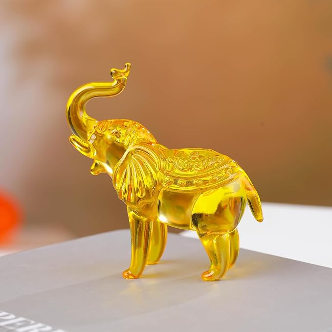 Crystal Elephant Figurines Gifts for Women Men, Crystal Animals Collectible StatueTabletop Decoration Elephant Sculpture with Trunk Up Ornaments (Yellow)