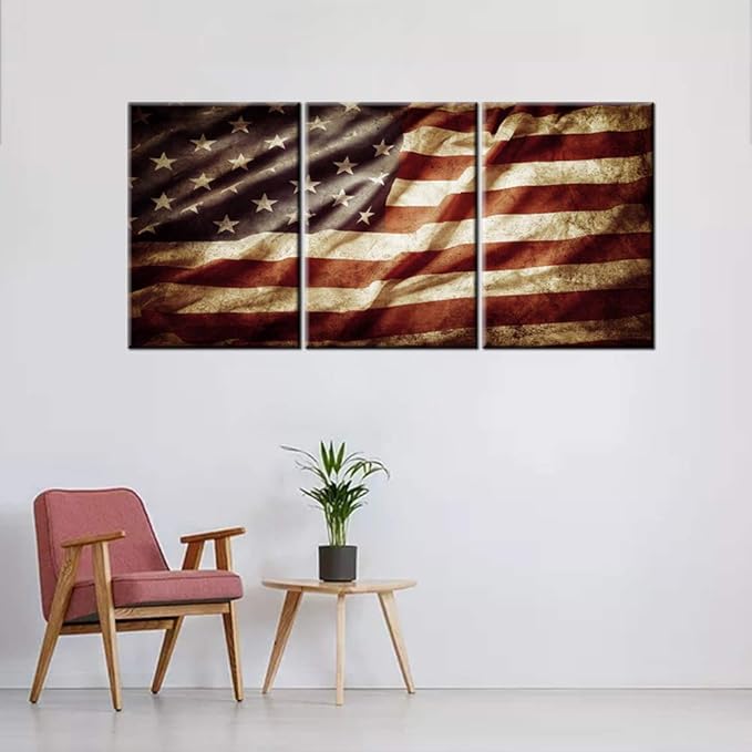 Vintage American Flag Paintings House Decorations Living Room Folds Creases USA Flag Artwork Stars Stripes Pictures 3 Panel Grunge Canvas Wall Art Framed Ready to Hang Posters and Prints(42''Wx20''H)