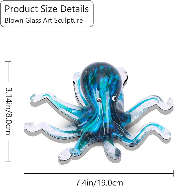 LCCCK Glass Octopus Statue Home Decor, Hand Blown Glass Decor Ocean Figurines Octopus Sculpture, Murano Art Office Desk Paperweights Fish Tank Aquarium Sea Animals Christmas Birthday Gift