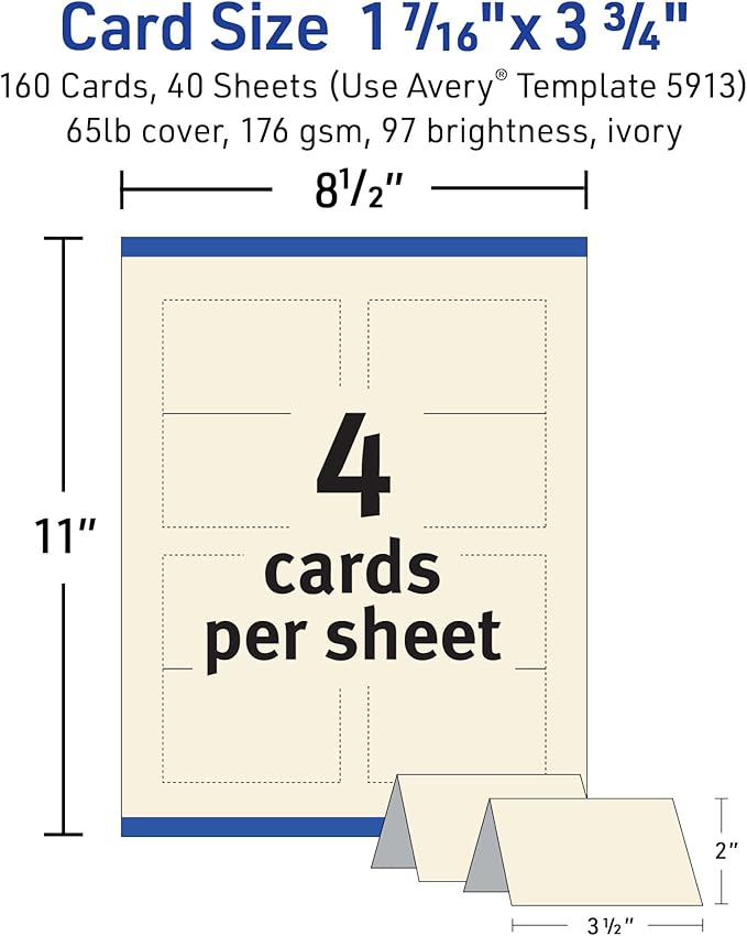 Avery Printable Tent Cards with Sure Feed Technology, 2" x 3.5", Ivory, 160 Blank Place Cards for Laser or Inkjet Printers (5913)