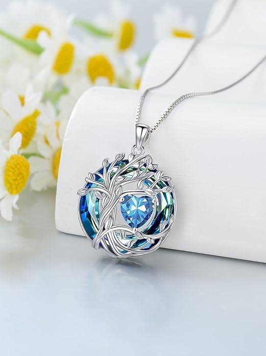TOUPOP Tree of Life Birthstone Necklace 925 Sterling Silver Pendant Austrian Crystal Jewelry Anniversary Valentine's Day Birthday Gifts for Women Mom Her Wife