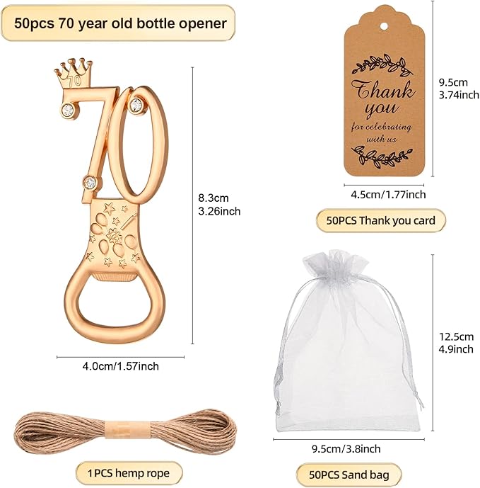 50Pcs 70th Birthday Bottle Opener Set, 70th Golden Bottle Openers Birthday Personalized Party Favors 70th Wedding Anniversaries Souvenirs Favors for Guests Gifts Decorations（70th）