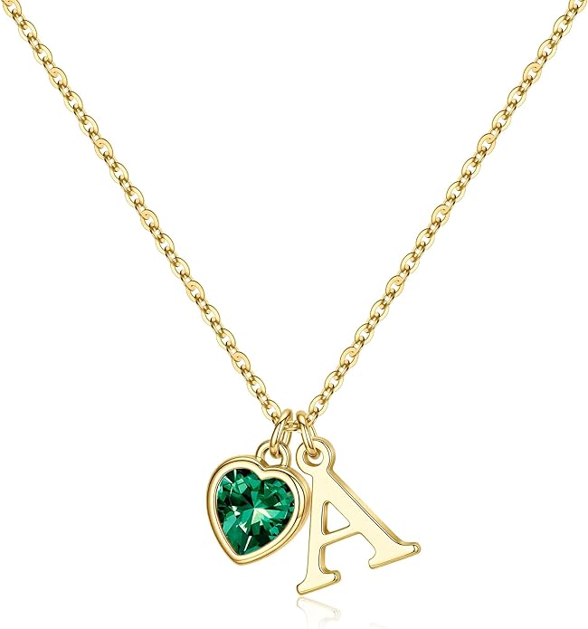 Turandoss Valentines Day Gifts for Her Trendy, Dainty 14K Gold Plated Initial A-Z Heart Birthstone Pendant Necklace Personalized Bridesmaid Birthday Valentines Jewelry Gifts for Women Girls