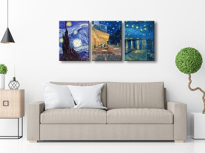 Wieco Art 3 Panels Canvas Prints of Vincent Van Gogh Paintings Reproduction Starry Night Over the Rhone Cafe Terrace at Night Canvas Wall Art for Living Room Home Office Decor