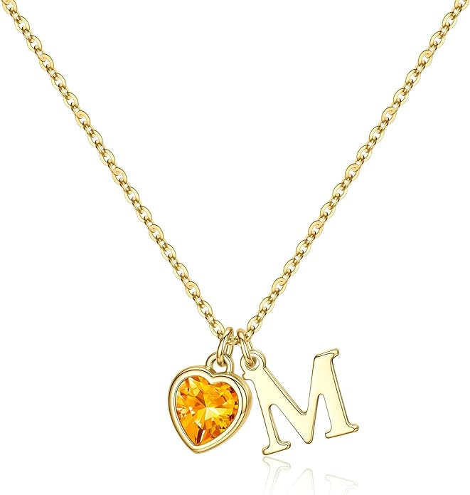 Turandoss Valentines Day Gifts for Her Trendy, Dainty 14K Gold Plated Initial A-Z Heart Birthstone Pendant Necklace Personalized Bridesmaid Birthday Valentines Jewelry Gifts for Women Girls