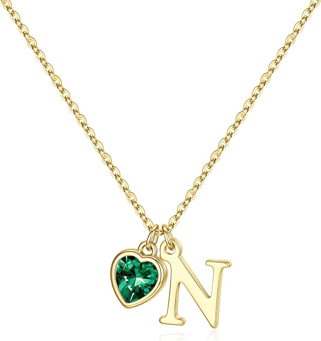 Turandoss Valentines Day Gifts for Her Trendy, Dainty 14K Gold Plated Initial A-Z Heart Birthstone Pendant Necklace Personalized Bridesmaid Birthday Valentines Jewelry Gifts for Women Girls