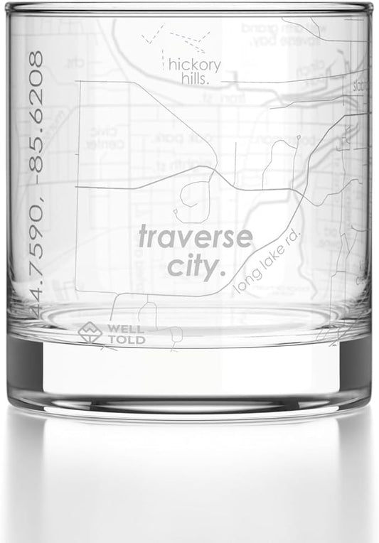 Well Told Engraved Traverse City Michigan Map Rocks Glass, Old Fashioned Glassware (11 oz, Clear) Etched Bourbon Tumbler, Gifts For Whiskey Lovers