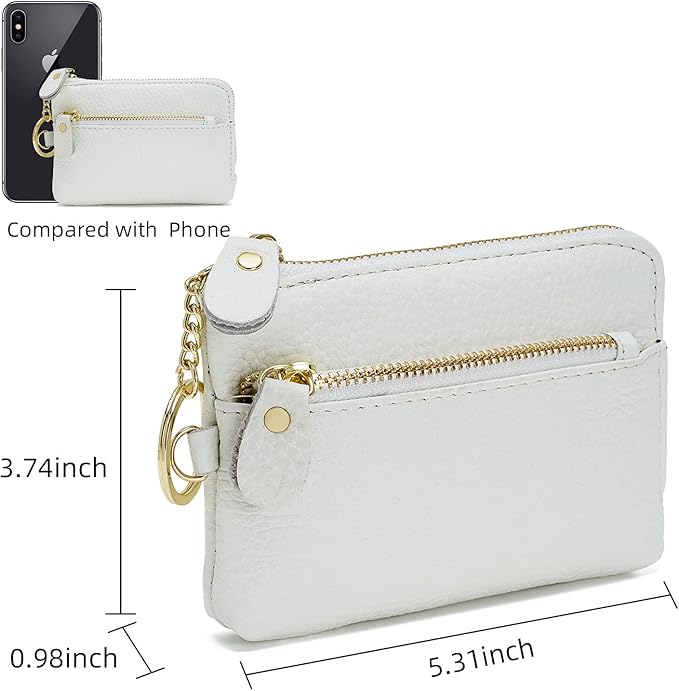 Genuine Leather Coin Purse for Women with Large Opening & Wrist Strap Navy (White)