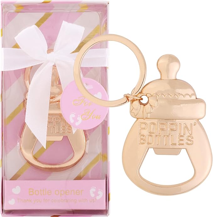 24 Pack POPPIN BOTTLES Key chain Bottle Opener Girl Baby Shower Favors for Guests Girl Baby Shower Souvenirs Bottle Opener,Girl Pink Baby Shower Decoration Supplies (Pink, 24)
