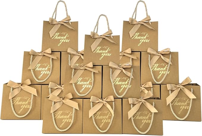 TKSBAG 100 Pack Small Thank You Gift Bags with Handles, 5.5''x 2.5''x4.7'' Mini Brown Gift Bags Bulk for Baby Shower, Birthday, Wedding, Party Favors
