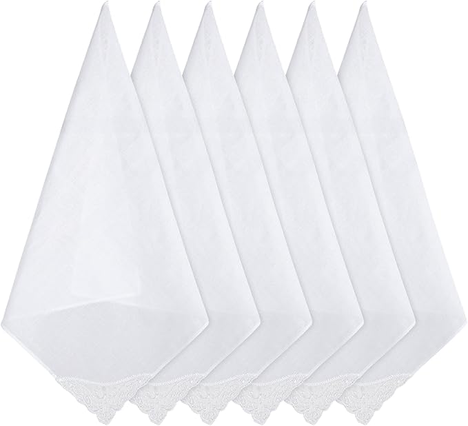6Pcs Handkerchiefs for Women, White Cotton Square Handkerchief for Women, Soft Lace-Trimmed Hankies with Elegant Embroidery, Ladies Handkerchiefs for Afternoon Tea, Weddings & Daily Elegance(11 inch)