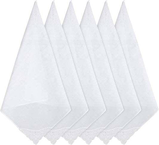 6Pcs Handkerchiefs for Women, White Cotton Square Handkerchief for Women, Soft Lace-Trimmed Hankies with Elegant Embroidery, Ladies Handkerchiefs for Afternoon Tea, Weddings & Daily Elegance(11 inch)