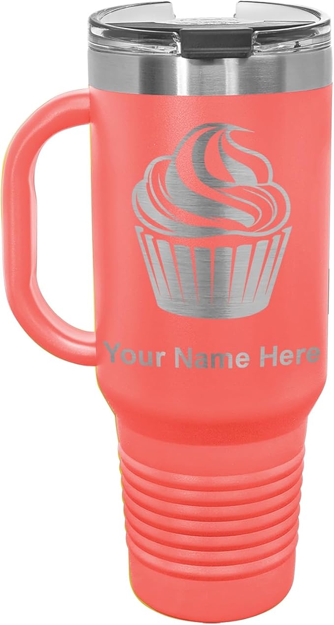 LaserGram 40oz Vacuum Insulated Travel Mug with Handle, Cup Cake, Personalized Engraving Included (Coral)