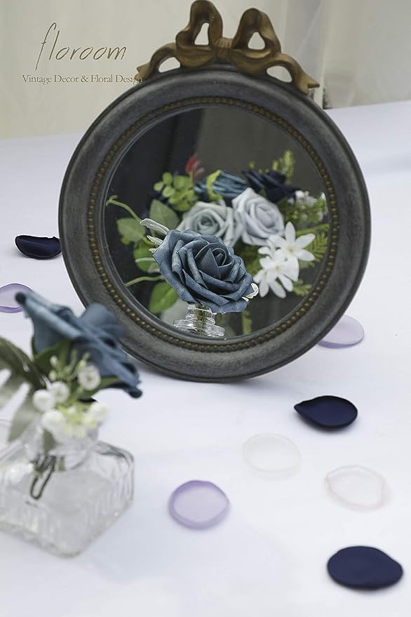 Floroom Artificial Flowers 25pcs Real Looking Dusty Blue Ombre Colors Foam Fake Roses with Stems for DIY Wedding Bouquets Bridal Shower Centerpieces Floral Arrangements Party Tables Home Decorations