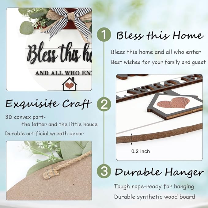 TOARTi 3D Bless This Home Wooden Door Sign Hanging, Welcome Porch Wall Sign with Bow-Knot Wreath, Bless This Home and Who Enter Sign Housewarming Gift for Kitchen/Entryway/Porch/Front Door