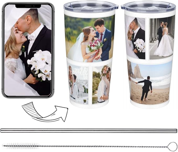 Personalized tumbler Coffee Mug with Lid and Straw Custom Hot Cold Stainless Steel Vacuum Insulated Travel Photo Gift（ Funnel-6 photos）, 20 oz