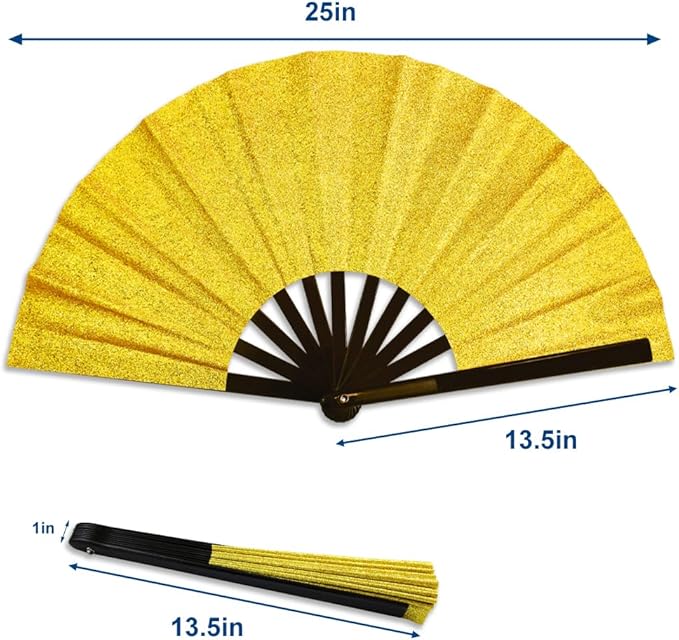 Large Gold Glitter Hand Fan - For Parties, Events, Raves, Indoor, Outdoor Use - 25" Wide Foldable Hand Fan