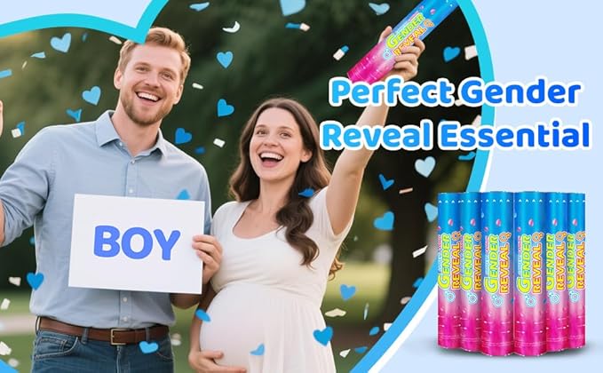 Gender Reveal Confetti Cannons – 6 Pack Blue Party Poppers – Baby Boy Gender Reveal Cannon Kit with Heart-Shaped Confetti – Easy Twist Shooters for Baby Reveal Party Decorations