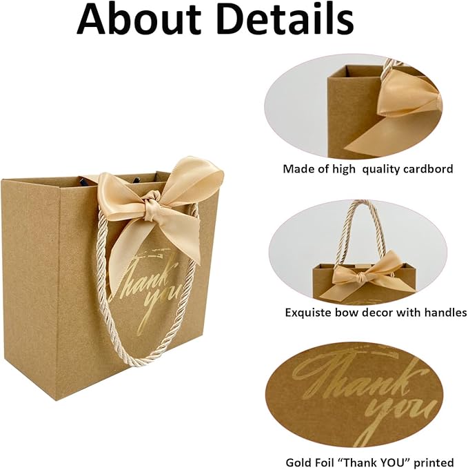 TKSBAG 50 Pack Small Thank You Gift Bags with Handles, 5.5''x 2.5''x4.7'' Mini Brown Gift Bags Bulk for Baby Shower, Birthday, Wedding, Party Favors